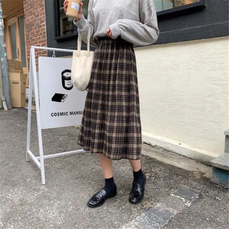 Wełniana plisowana spódnica w kratę z wysokim stanem – vintage streetwear Czarny