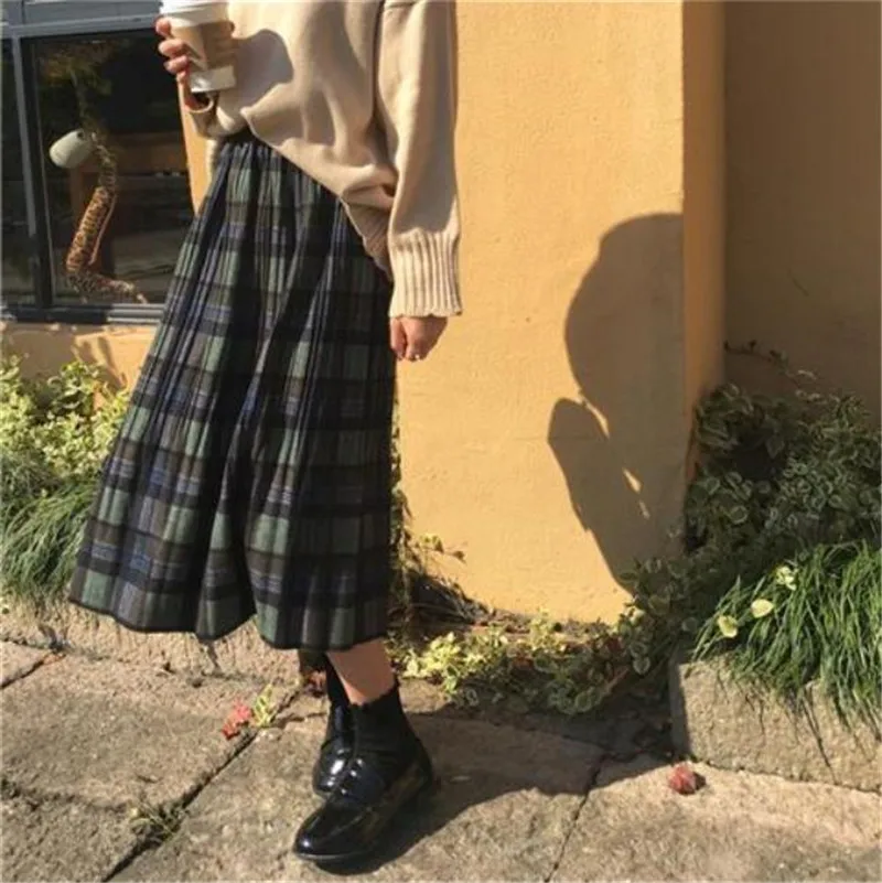 Wełniana plisowana spódnica w kratę z wysokim stanem – vintage streetwear Zielony