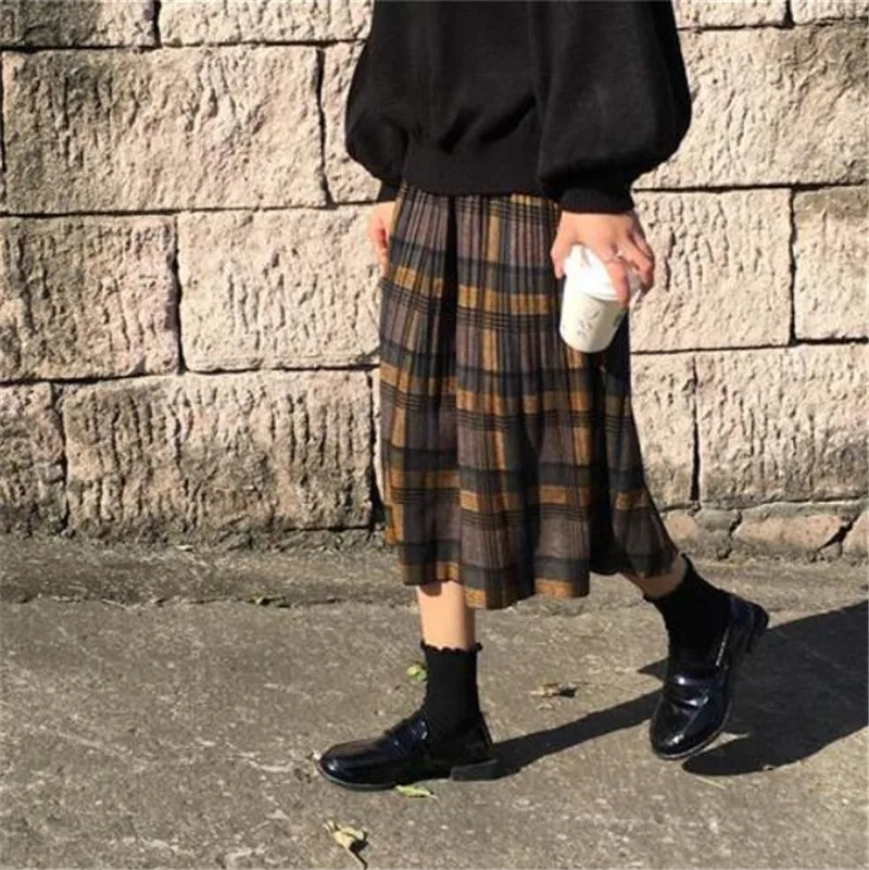 Wełniana plisowana spódnica w kratę z wysokim stanem – vintage streetwear żółty