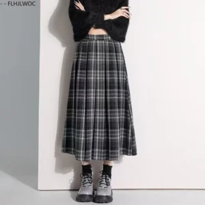 Wełniana spódnica w kratę — preppy, vintage, styl japoński Szary