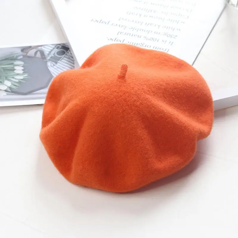 Wełniany beret damski w stylu francuskim Pomarańczowy