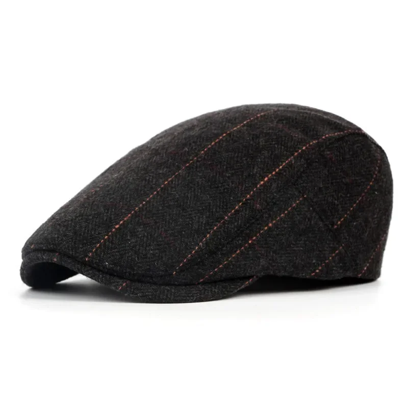 Wełniany beret męski w jodełkę - klasyczna czapka artysty Czarny