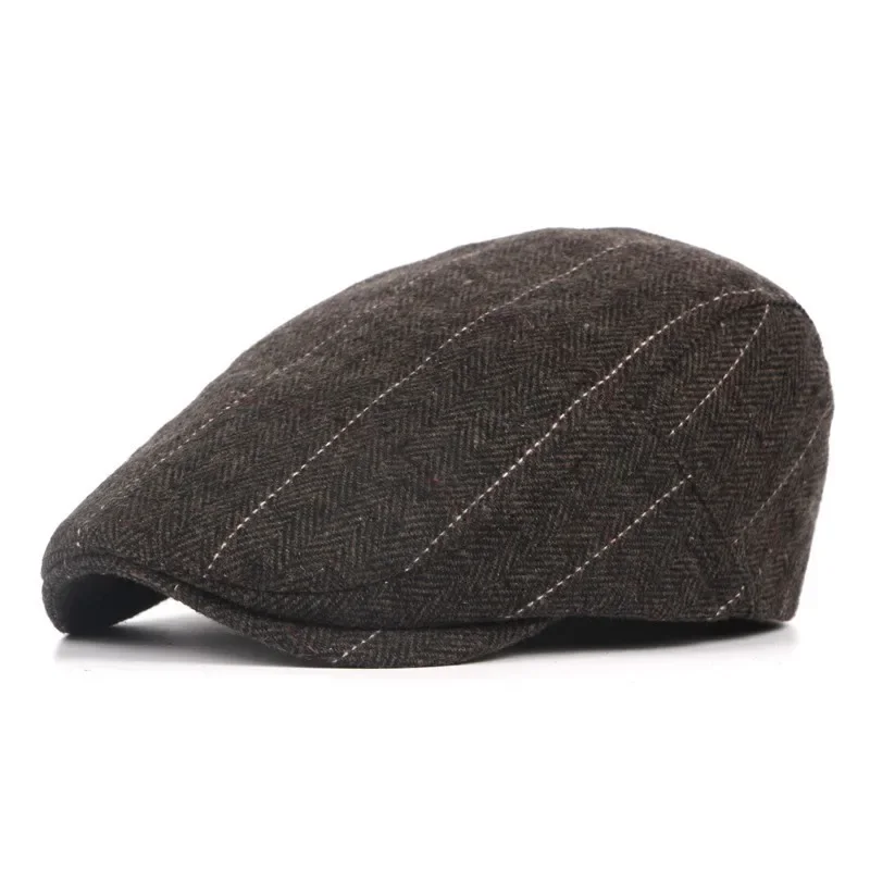 Wełniany beret męski w jodełkę - klasyczna czapka artysty Kawowy