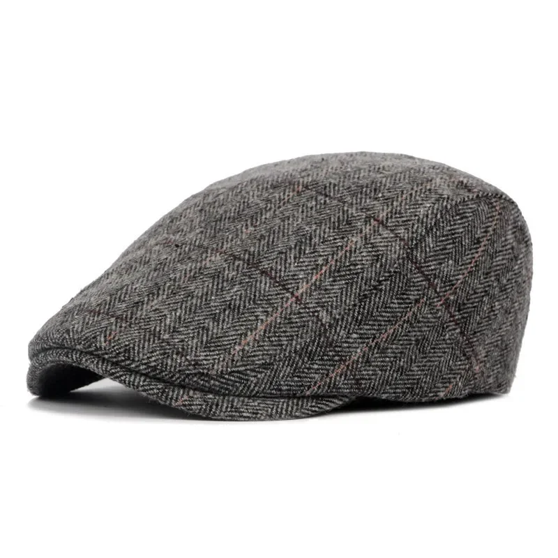 Wełniany beret męski w jodełkę - klasyczna czapka artysty Szary