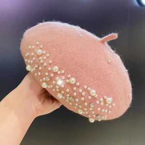Wełniany beret z perełkami w stylu retro Różowy