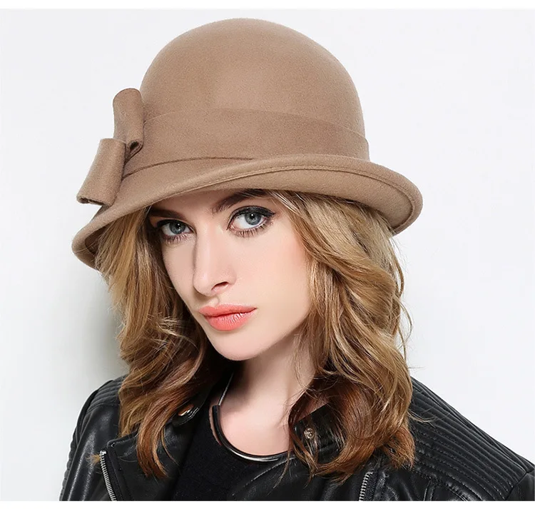 Damski wełniany kapelusz fedora w stylu lat 20. Camelowy