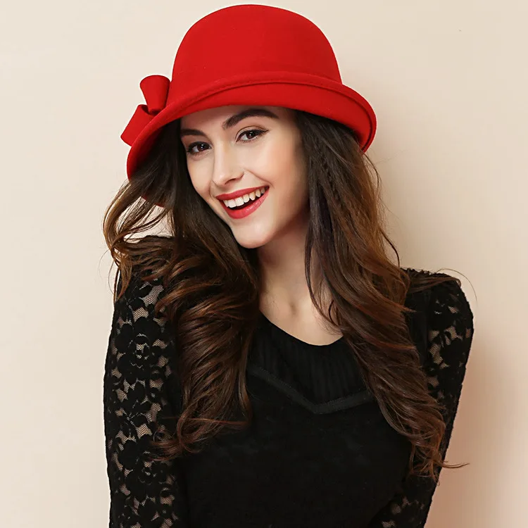 Damski wełniany kapelusz fedora w stylu lat 20. Czerwony
