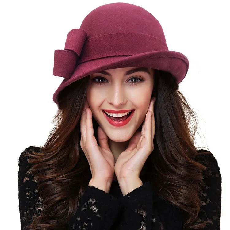 Damski wełniany kapelusz fedora w stylu lat 20. Bordowy