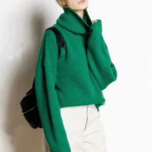 Wełniany sweter damski golf oversize ciepły jesienno-zimowy Khaki