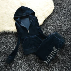 Welurowy dres damski z polarową podszewką - bluza z kapturem i spodnie Królewski niebieski