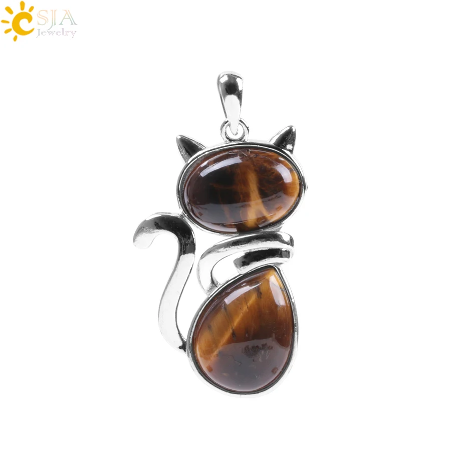 Wisiorek z kotem z kamienia naturalnego – ametyst, różowy kwarc Tiger eye kamień tygrysie oko