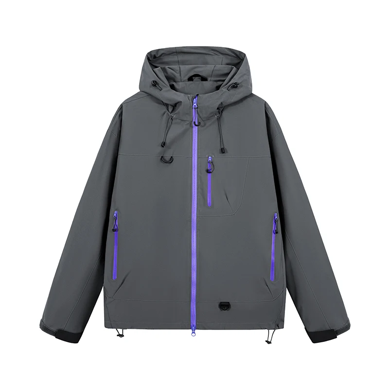 Wodoodporna kurtka trekkingowa unisex z kapturem, wiatrówka Szary