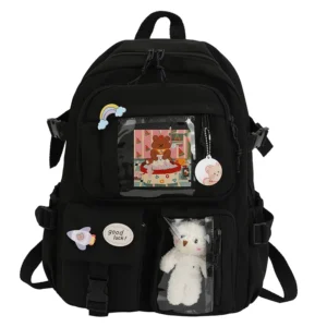 Wodoodporny plecak damski z wieloma kieszeniami w stylu kawaii Czarny