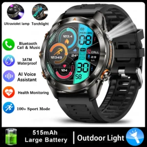 Wojskowy smartwatch męski 10ATM z latarką LED i ekranem AMOLED Czarny