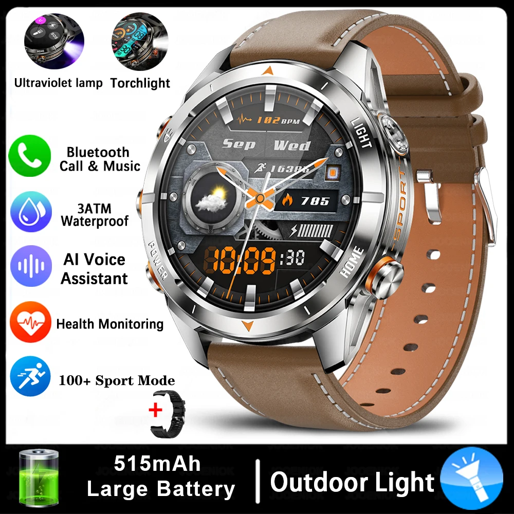 Wojskowy smartwatch męski 10ATM z latarką LED i ekranem AMOLED Brązowy