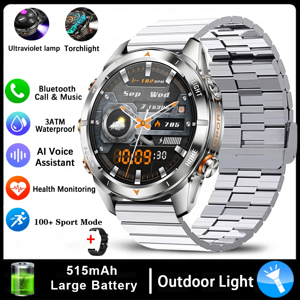 Wojskowy smartwatch męski 10ATM z latarką LED i ekranem AMOLED Srebrny