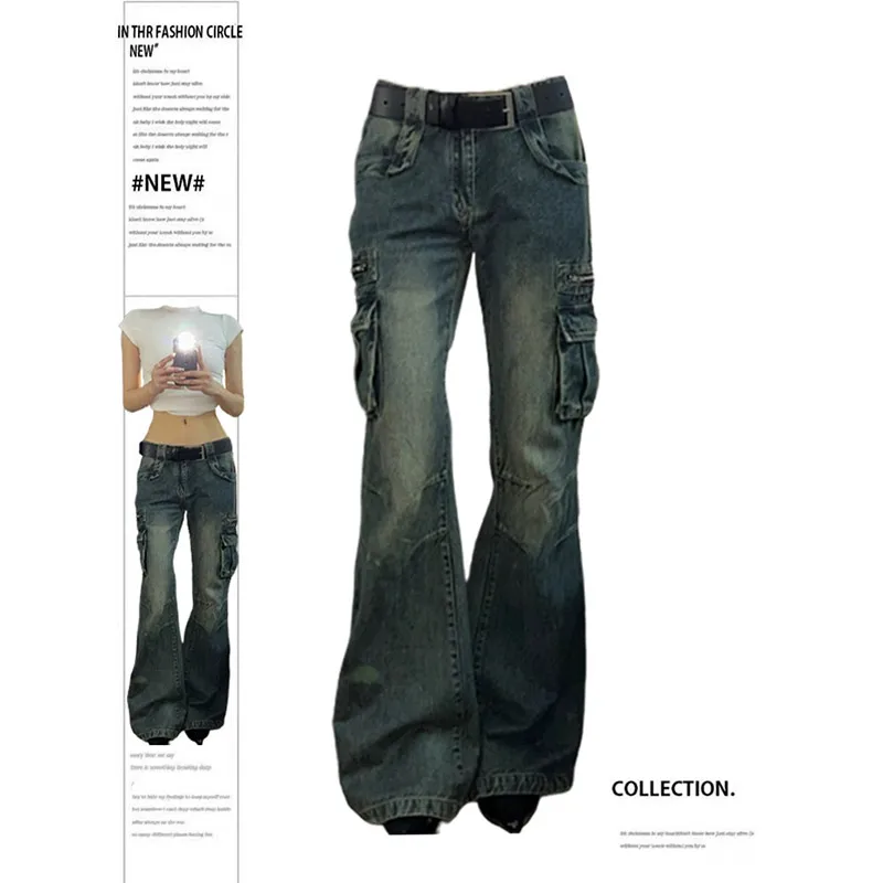 Workowate jeansy cargo damskie Y2K wysokim stanem oversize Niebieski