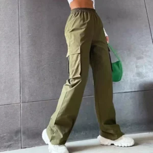 Workowate spodnie cargo damskie z wysokim stanem Khaki