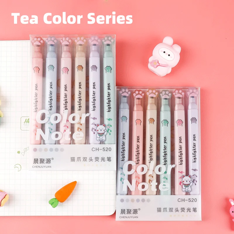 Zakreślacze Kawaii w kształcie kociej łapki — zestaw 6 pastelowych kolorów Czerwony