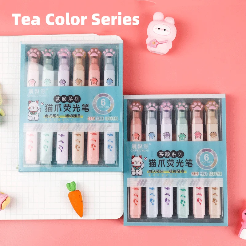 Zakreślacze Kawaii w kształcie kociej łapki — zestaw 6 pastelowych kolorów żółty