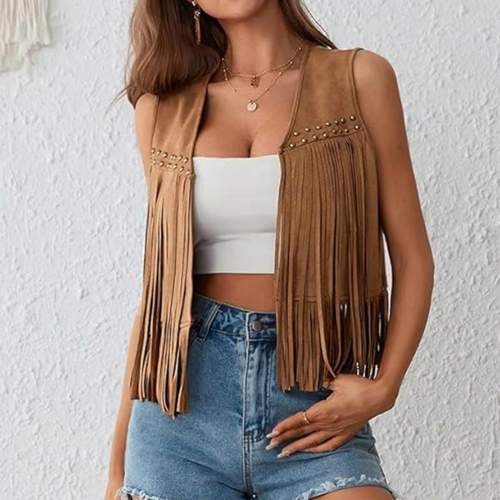 Zamszowa kamizelka z frędzlami w stylu boho - damska Brązowy