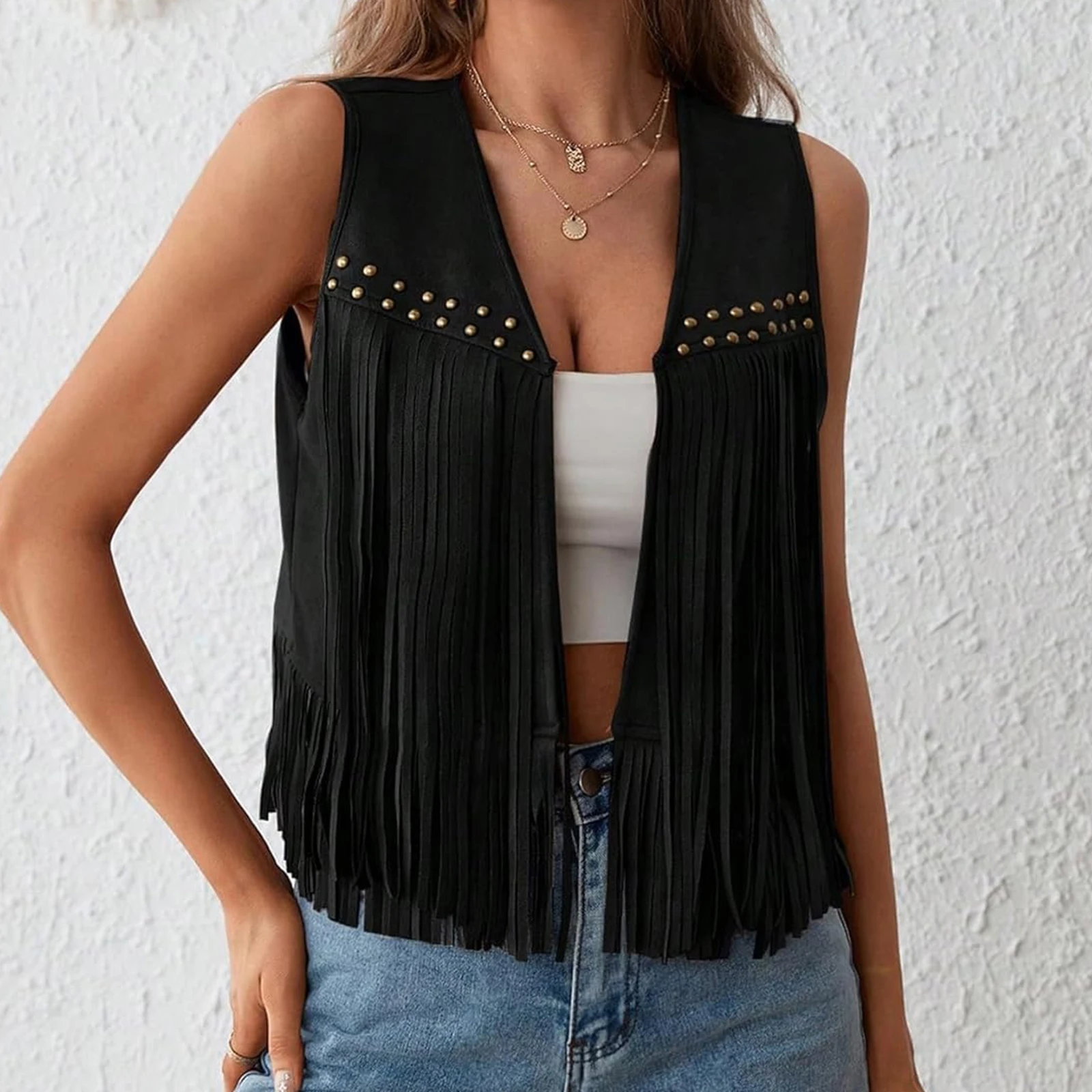 Zamszowa kamizelka z frędzlami w stylu boho - damska Czarny