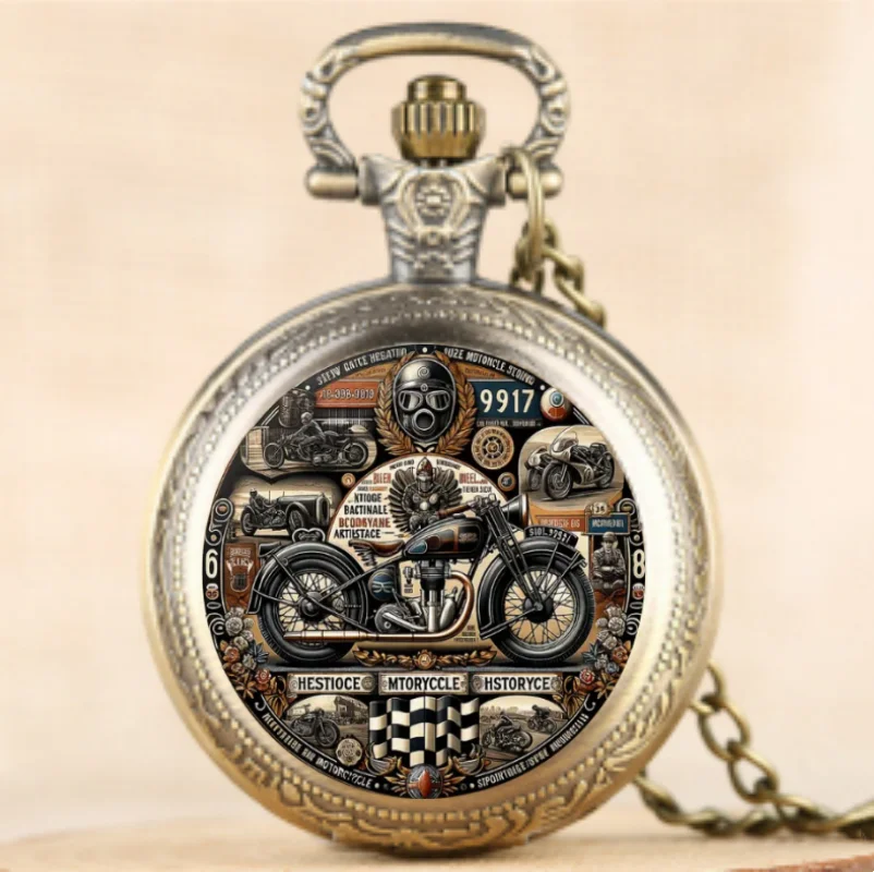 Zegarek kieszonkowy z motywem motocykla w stylu vintage Bronze