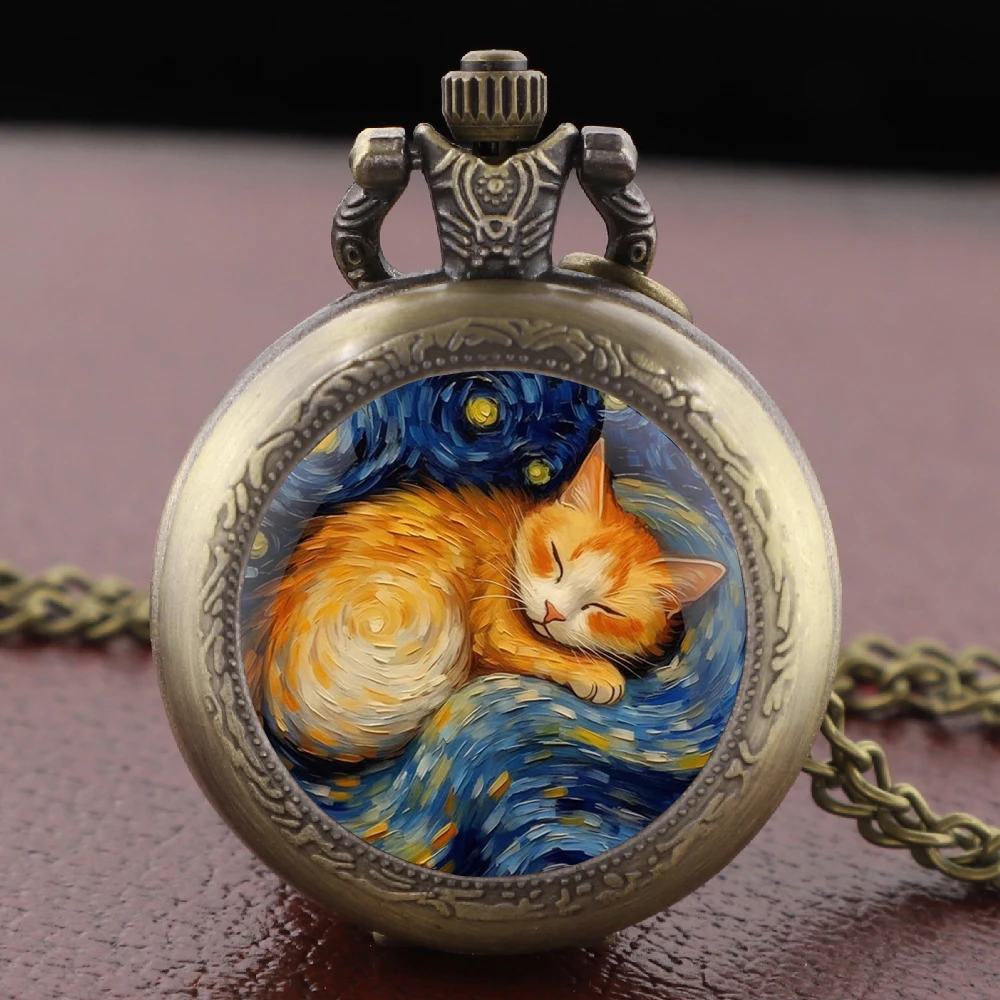 Zegarek kieszonkowy z naszyjnikiem śpiący kot Van Gogh Brązowy