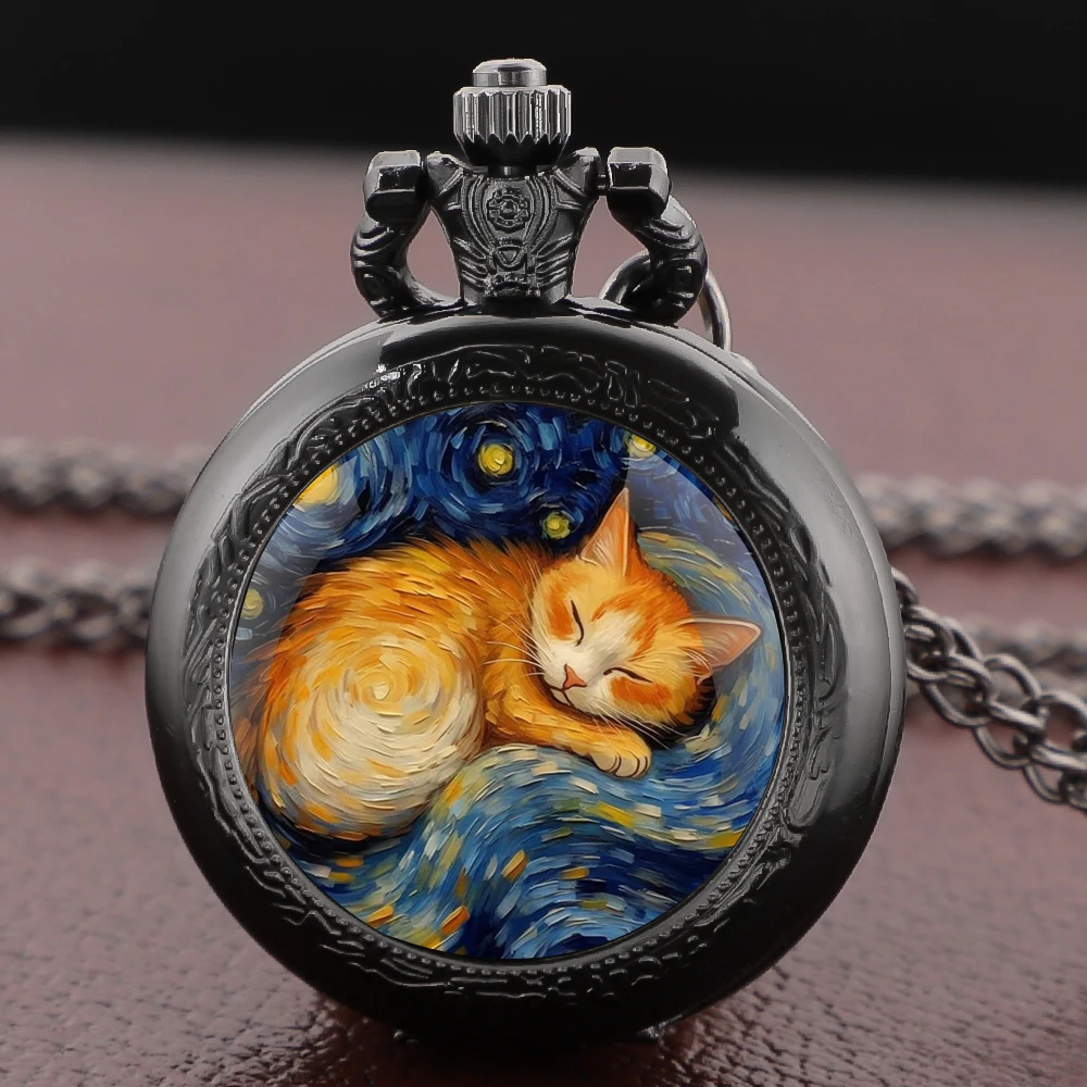 Zegarek kieszonkowy z naszyjnikiem śpiący kot Van Gogh Czarny