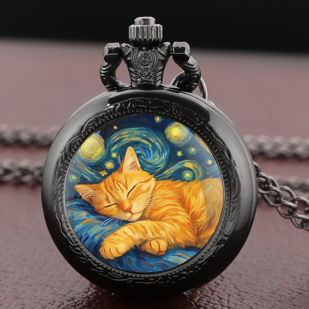 Zegarek kieszonkowy z naszyjnikiem śpiący kot Van Gogh Fioletowy