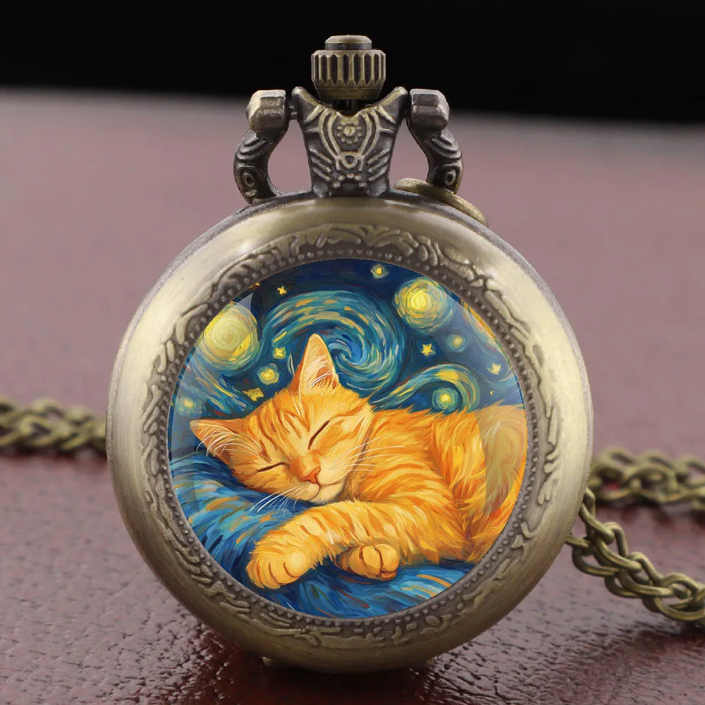 Zegarek kieszonkowy z naszyjnikiem śpiący kot Van Gogh Pomarańczowy