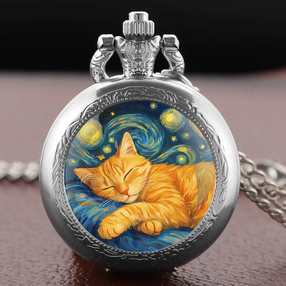 Zegarek kieszonkowy z naszyjnikiem śpiący kot Van Gogh Różowy