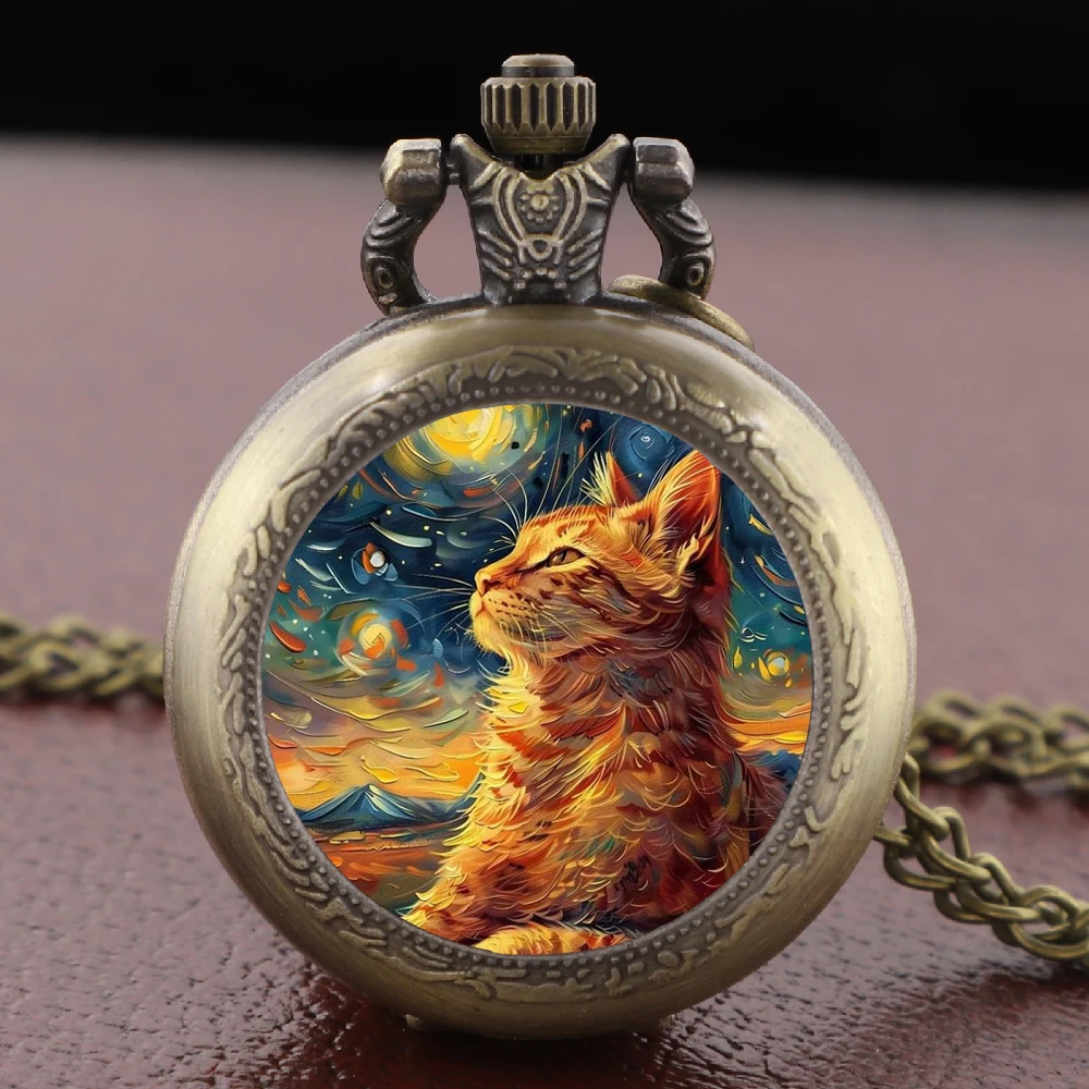 Zegarek kieszonkowy z naszyjnikiem śpiący kot Van Gogh Wielokolorowy