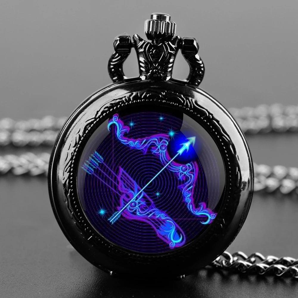 Zegarek kieszonkowy z naszyjnikiem – 12 znaków zodiaku, vintage kwarcowy 02