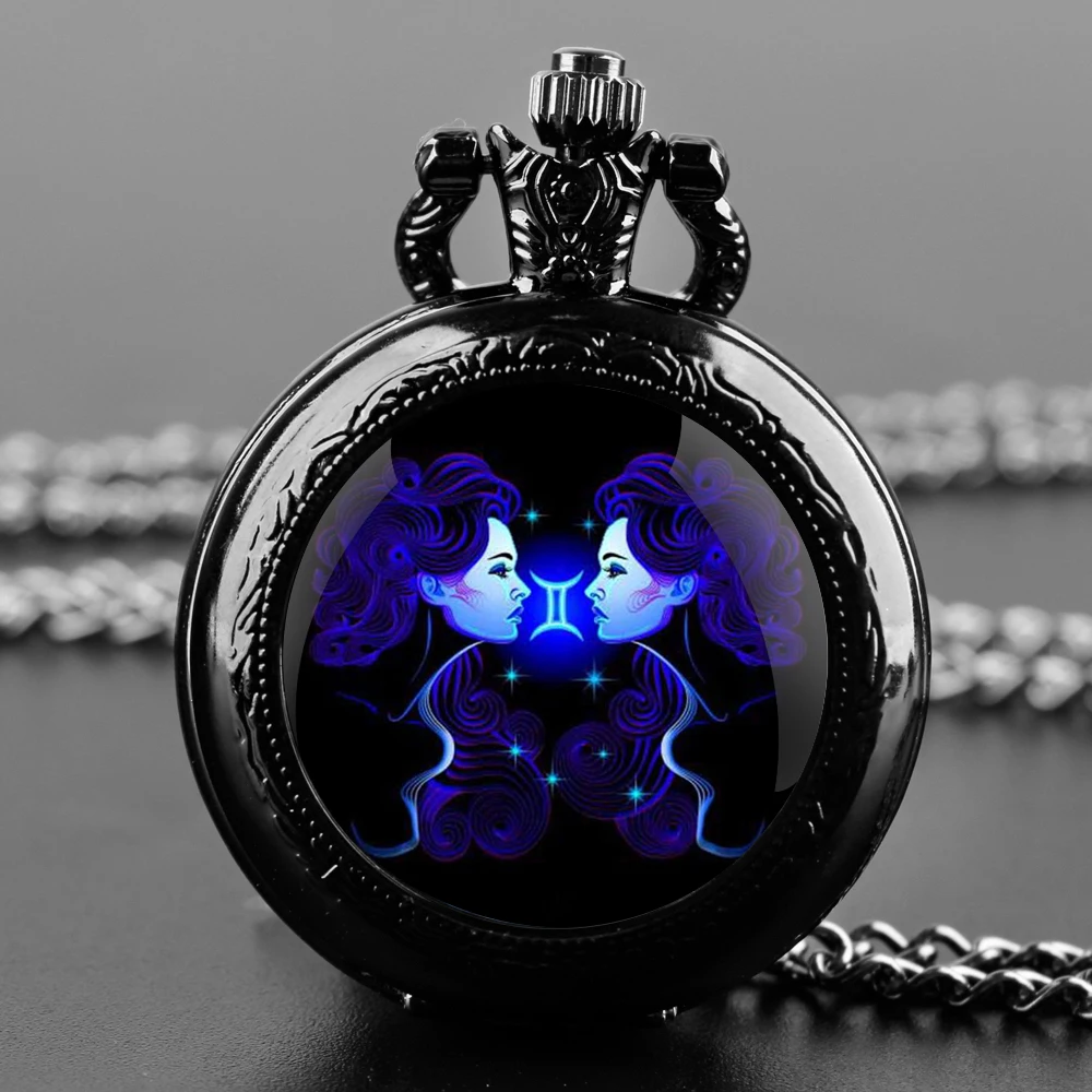 Zegarek kieszonkowy z naszyjnikiem – 12 znaków zodiaku, vintage kwarcowy 03