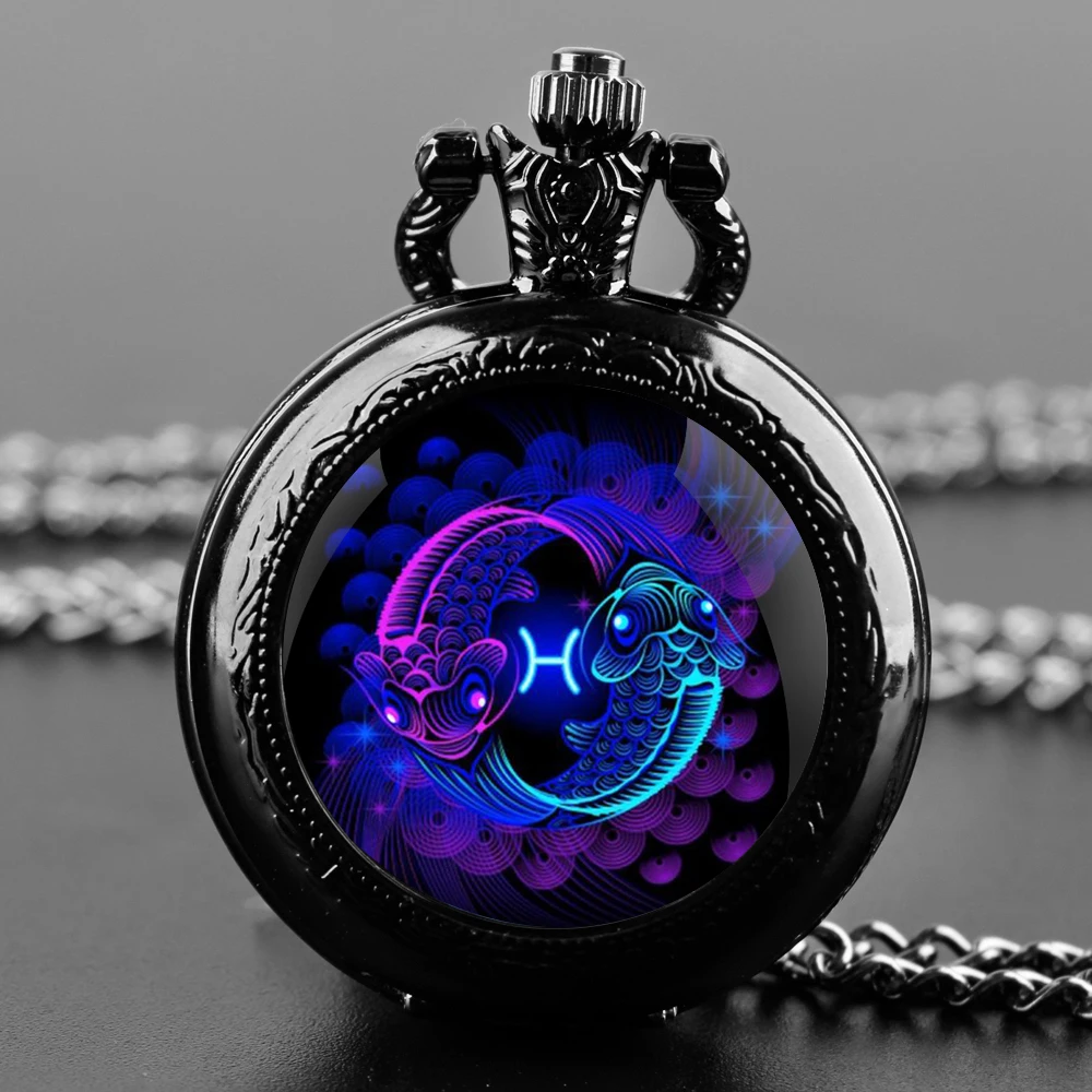 Zegarek kieszonkowy z naszyjnikiem – 12 znaków zodiaku, vintage kwarcowy 04