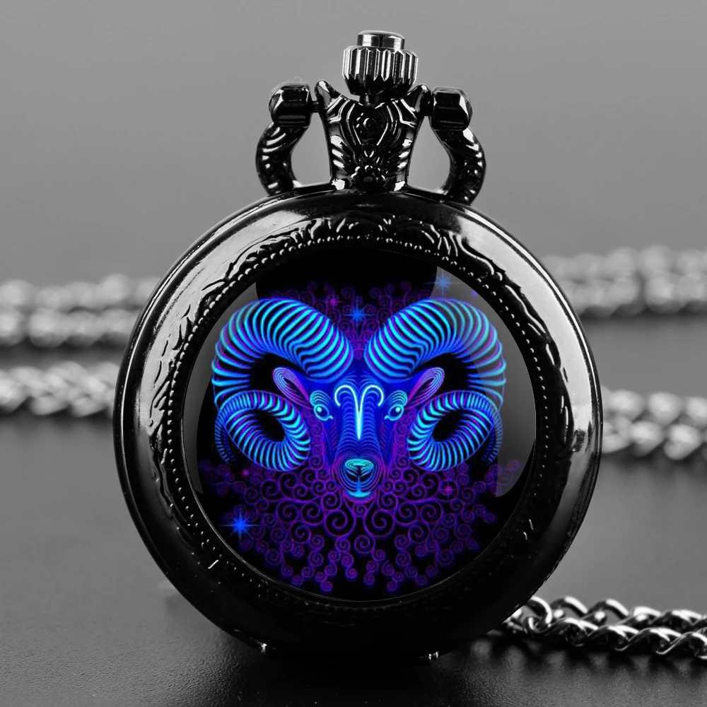 Zegarek kieszonkowy z naszyjnikiem – 12 znaków zodiaku, vintage kwarcowy 05