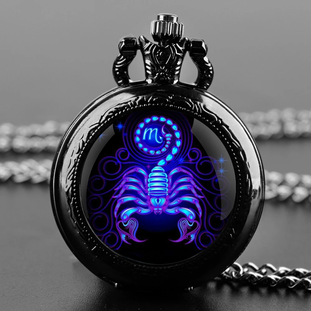 Zegarek kieszonkowy z naszyjnikiem – 12 znaków zodiaku, vintage kwarcowy 06