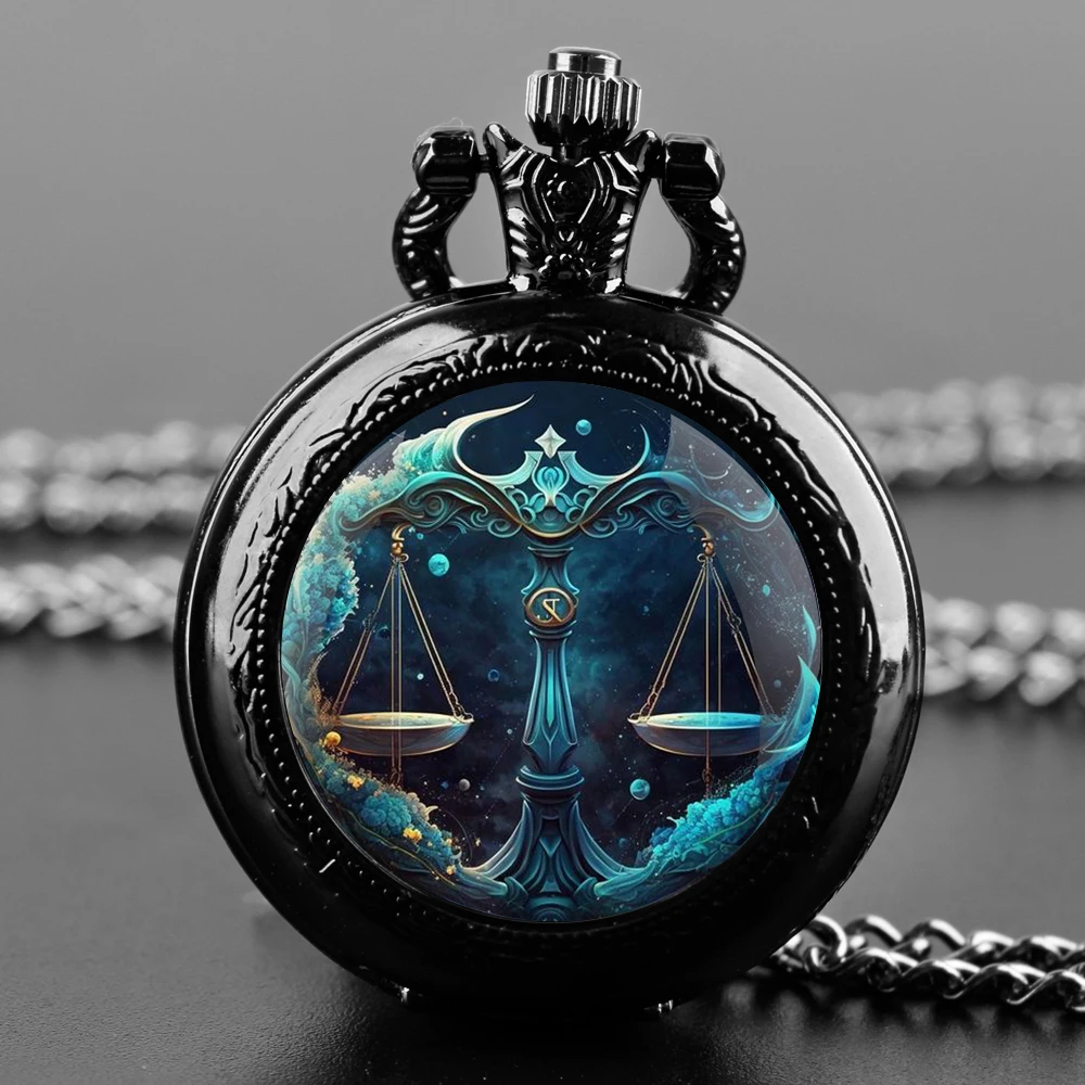 Zegarek kieszonkowy z naszyjnikiem – 12 znaków zodiaku, vintage kwarcowy 10