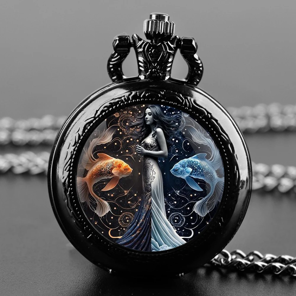 Zegarek kieszonkowy z naszyjnikiem – 12 znaków zodiaku, vintage kwarcowy 11