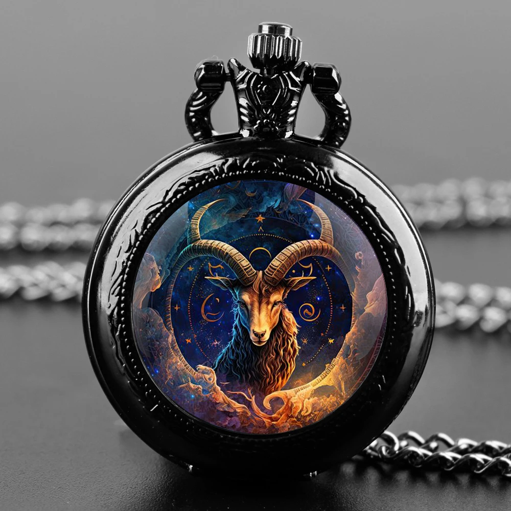 Zegarek kieszonkowy z naszyjnikiem – 12 znaków zodiaku, vintage kwarcowy 12