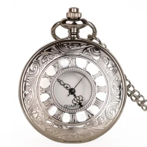 Zegarek kieszonkowy steampunk z ażurową tarczą i łańcuszkiem Srebro