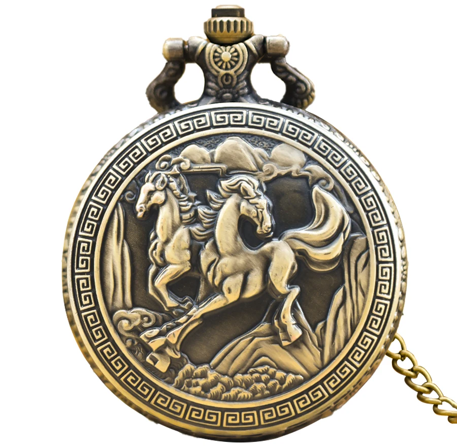 Zegarek kieszonkowy steampunk z motywem konia na łańcuszku Bronze