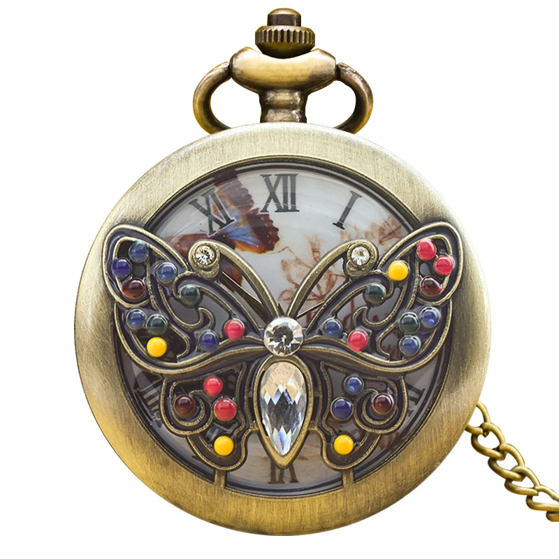 Zegarek kieszonkowy steampunk z motylem, ażurowy Bronze