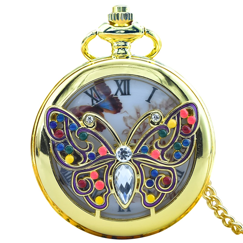 Zegarek kieszonkowy steampunk z motylem, ażurowy Złoty