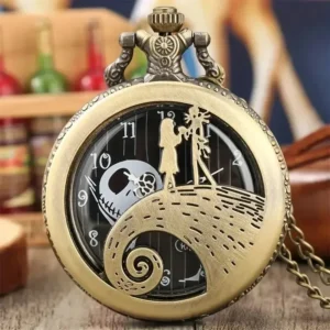 Zegarek kieszonkowy szkieletowy z łańcuszkiem, vintage Bronze