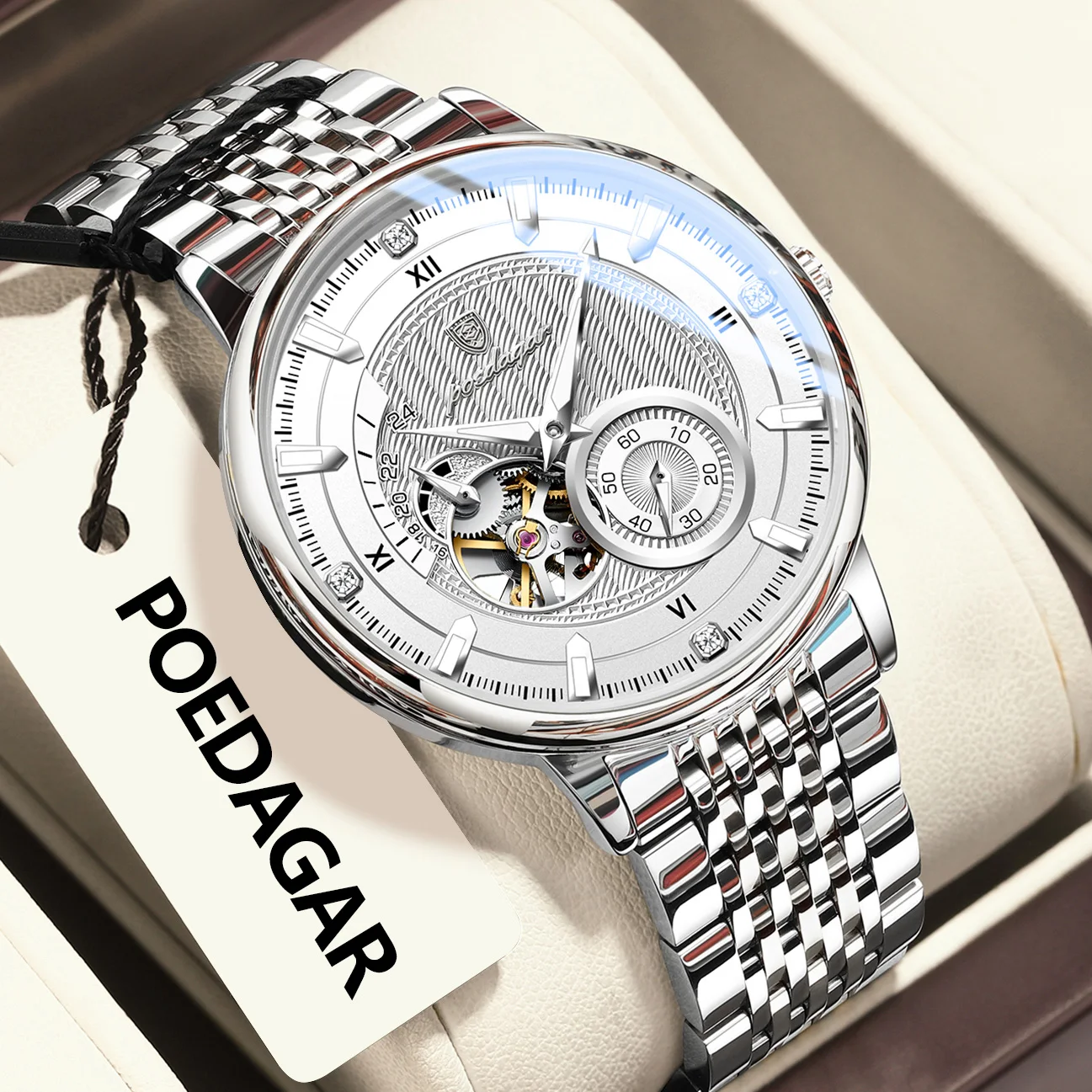 Zegarek męski automatyczny POEDAGAR z mechanizmem tourbillon i bransoletą ze stali 1416 srebrny biały