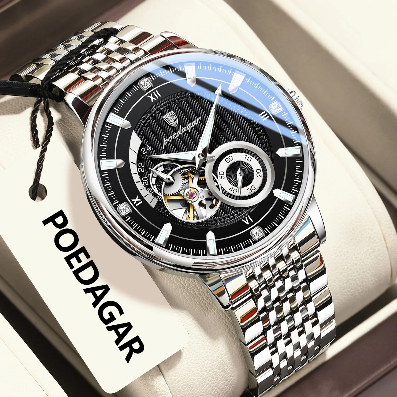 Zegarek męski automatyczny POEDAGAR z mechanizmem tourbillon i bransoletą ze stali 1416 srebrny czarny