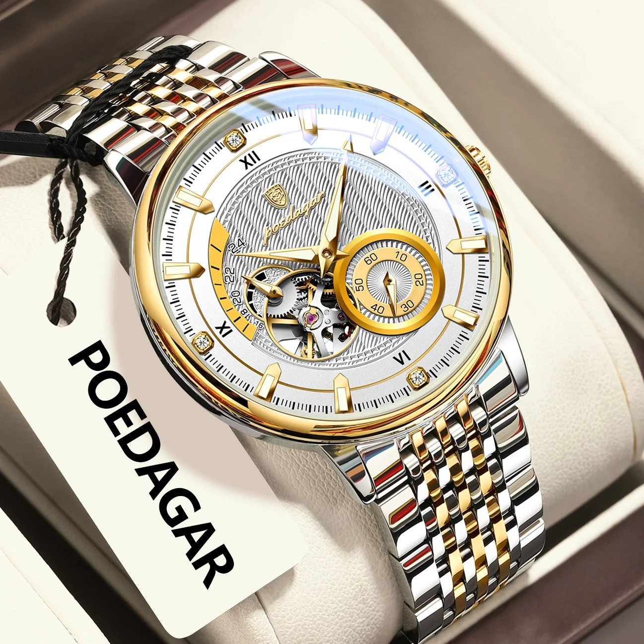 Zegarek męski automatyczny POEDAGAR z mechanizmem tourbillon i bransoletą ze stali 1416 złoto białe