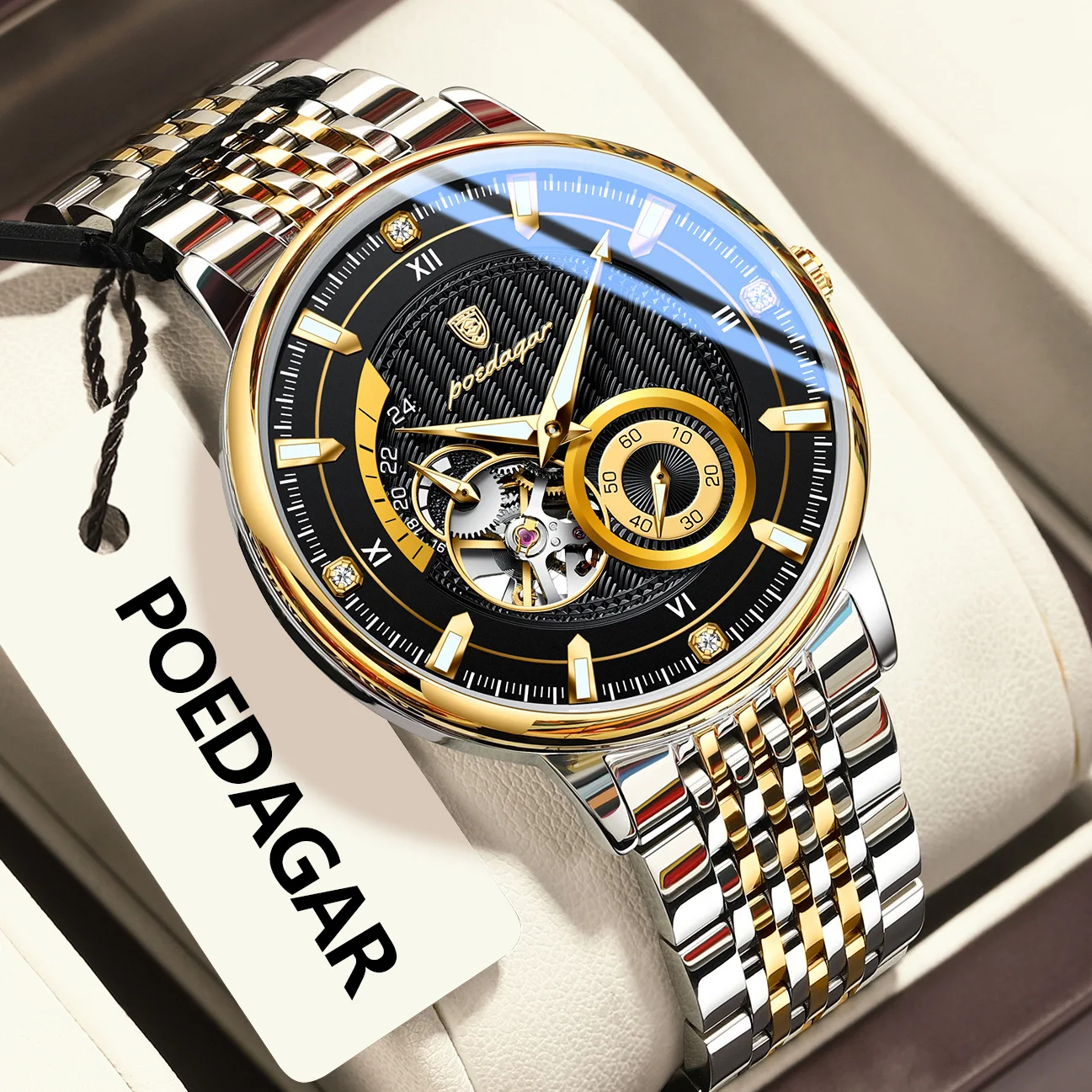 Zegarek męski automatyczny POEDAGAR z mechanizmem tourbillon i bransoletą ze stali 1416 złoto czarny